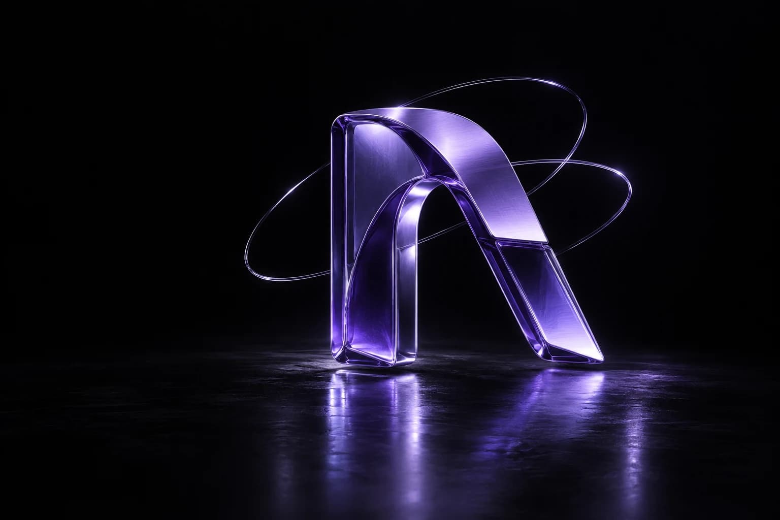 Sculptural realize monogram in violet glass, surrounded by orbital arcs